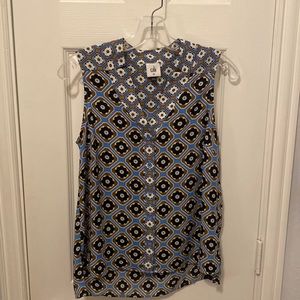 Cabi Blue and Tan Patterned Professional Sleeveless Top